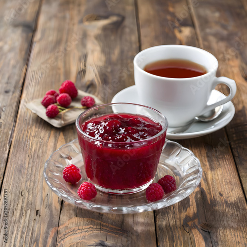 Raspberry jam and raspberries with a cup of tea on a wooden table
