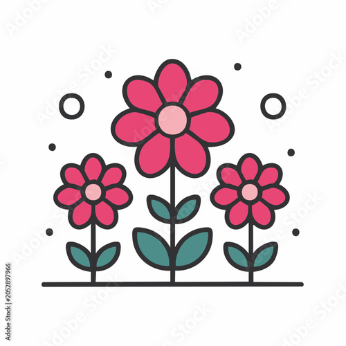 Stylized illustration of three pink flowers with green leaves