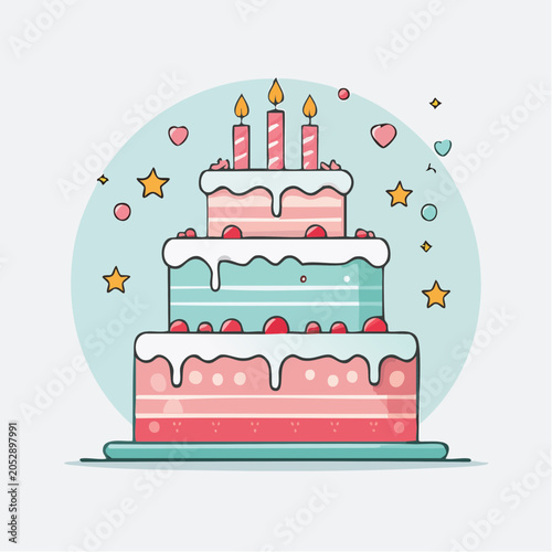 Three Tier Birthday Cake with Candles and Decorations