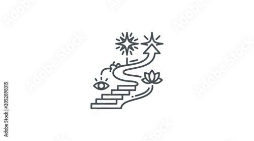 Path to enlightenment with stairs stars and lotus.