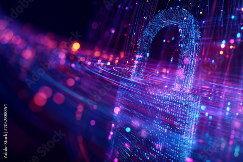 Glowing digital lock protecting information flow, cyber resilience, encryption protocols, secure cloud computing and privacy protection concept