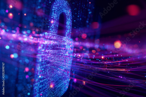 Digital padlock formed by glowing data particles, cybersecurity protection, encrypted communication, secure network infrastructure and information security concept