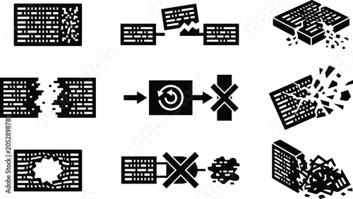 Foto Collection of Black Icons Representing Destruction and Breaking Apart broken sha