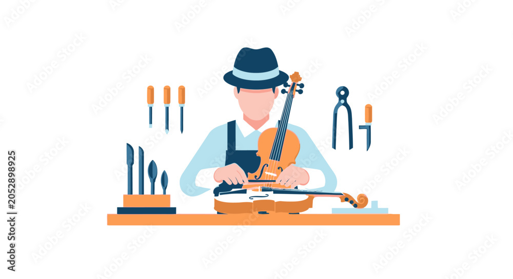 Foto Violin Maker Repairing Instrument with Tools
