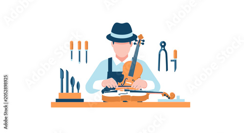 Bild auf Leinwand Violin Maker Repairing Instrument with Tools