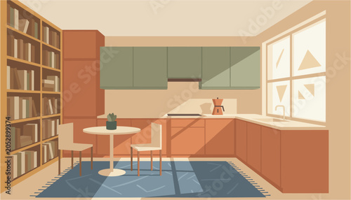 Foto Modern Minimalist Home Office Interior with Bookshelf and Kitchenette in Flat De