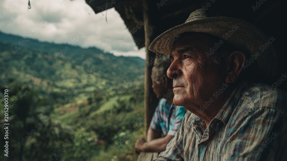 Naklejka premium Serene Coffee Farmers in Green Mountains: A Glimpse into Rural Life and Tradition