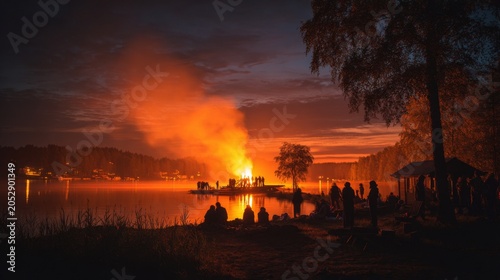 Enchanting Midnight Bonfire by Lake During Juhannus Celebrations with Fiery Glow and Magical Atmosphere