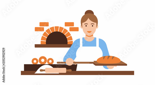 Baker Woman with Oven, Bread, and Dough