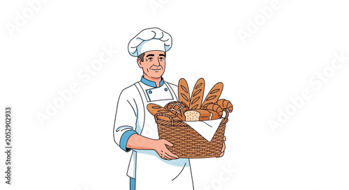 Baker Holding Basket of Fresh Bread - Professional Bakery Illustration