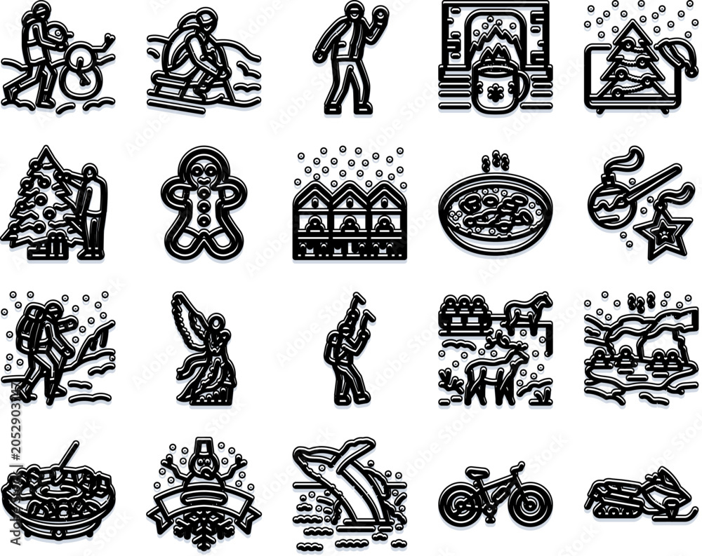 Obraz premium Outline vector icon set showcasing winter sports, festive christmas traditions, seasonal food and outdoor cold season activities skiing, skating, sledding, bonfire, tree decorating, travel