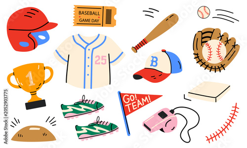 Baseball vector elements in doodle style. Baseball uniform, trophy, bat, ball, catcher's mask, catcher's glove, medal. Sports stickers, labels, posters, branding.