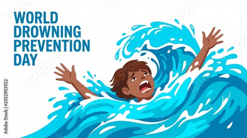 World drowning prevention day illustration of a person struggling in a wave isolated on white background