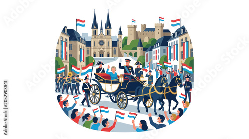 Cuadro en lienzo Royal Procession in Luxembourg City with Grand Ducal Family and Cheering Crowd
