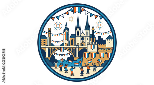 Foto French City Celebration with Flag and Fireworks