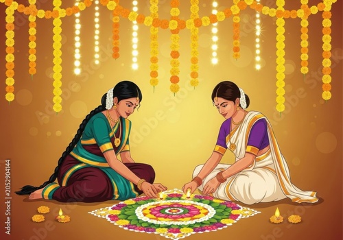 Women Creating Floral Pookalam Rangoli During Onam Festival Celebration
