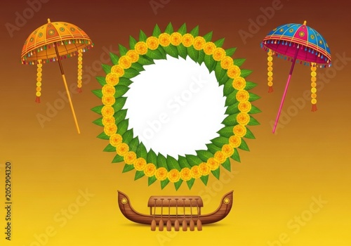 Decorative Onam Festival Frame with Snake Boat and Traditional Umbrellas