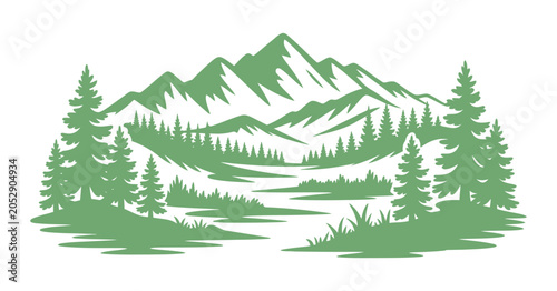 Foto Mountainous landscape silhouette with coniferous trees and winding stream