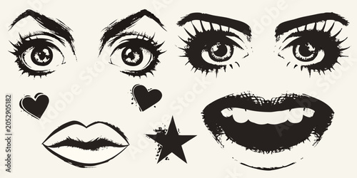 Schilderij op canvas Facial features sketch eyes lips and hearts in black and white