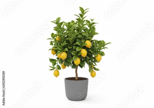 Small lemon tree in a grey pot with fresh green leaves and ripe yellow fruits isolated on white background