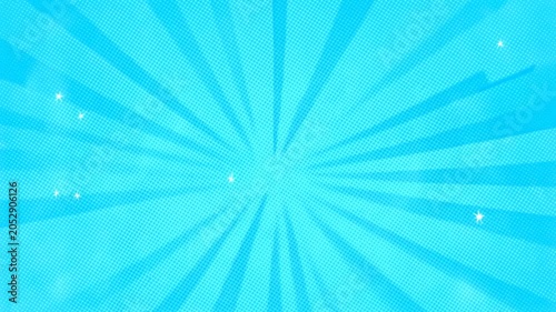 Slow motion static shot of comic style radial burst with sparkling stars on blue dotted halftone graphic backdrop