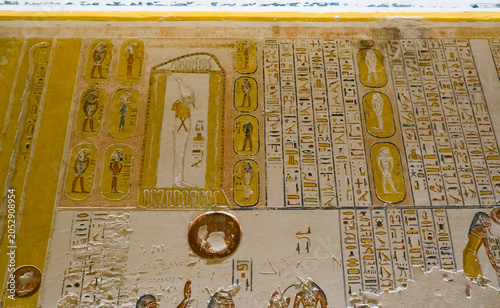 Tomb of Ramses V and Ramses VI, KV9 in the Valley of the Kings. Detail of Egyptian hieroglyphs. Luxor, Egypt