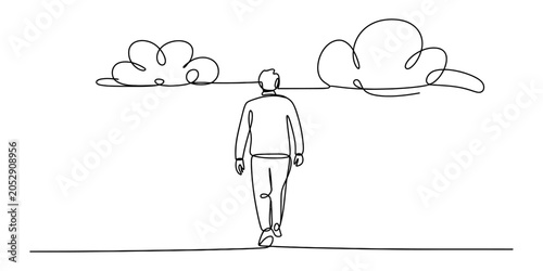Foto A single continuous line drawing of a lonely man walking forward under fluffy cl