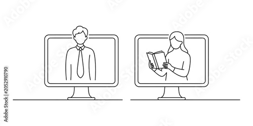 Φωτογραφία A man and a woman appearing on computer screens for a video call or virtual meet