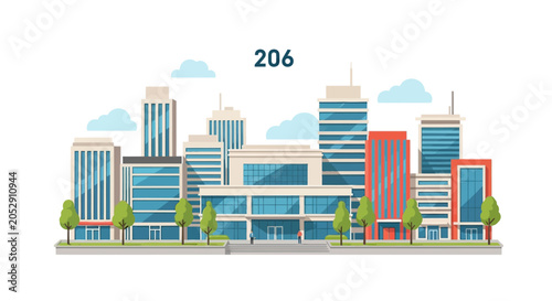 Cuadro en lienzo Modern Cityscape with Tall Buildings and Trees, Urban Skyline Illustration