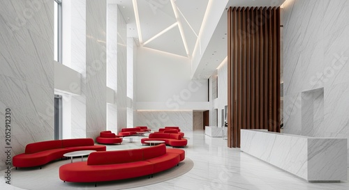 Modern lobby with red curved sofas and marble.