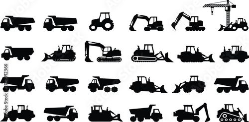 Obraz na płótnie Construction, vehicle, silhouette, vector, set, machinery, truck, excavator, bul