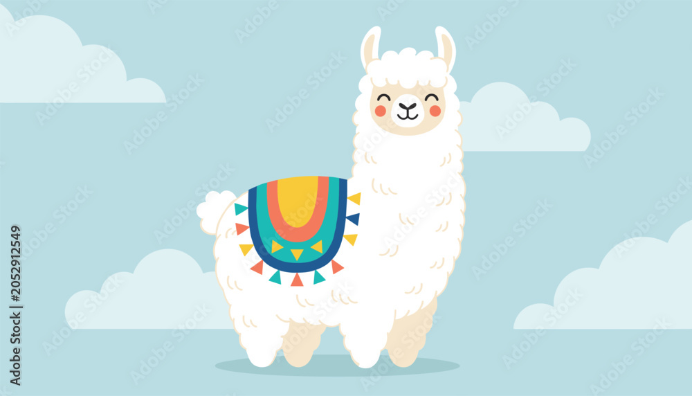 Fototapeta premium Adorable white llama with a colorful decorative saddle blanket standing under a light blue sky with soft white clouds.
