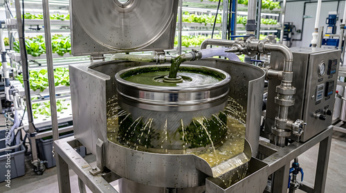 stainless steel centrifuge machine processing green liquid in a hydroponic farm