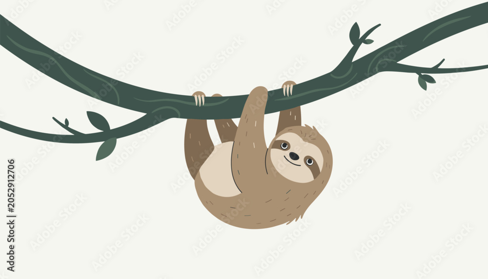 Obraz premium Cute cartoon sloth hanging upside down from a tropical tree branch over a clean minimalist solid light background.