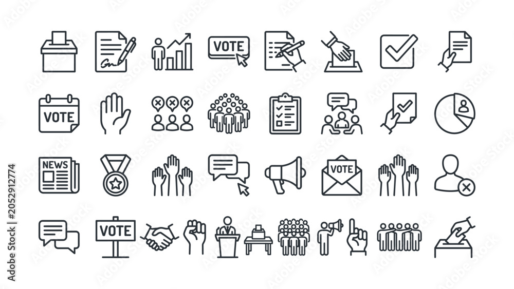 Fototapeta premium Collection of thin line icons representing voting process and election elements for design
