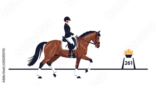 Fotografie Equestrian Dressage Rider on Brown Horse Performing in Competition