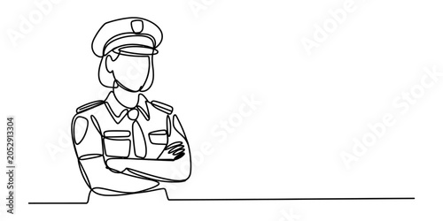 Foto Continuous single line drawing of a female police officer wearing a uniform and