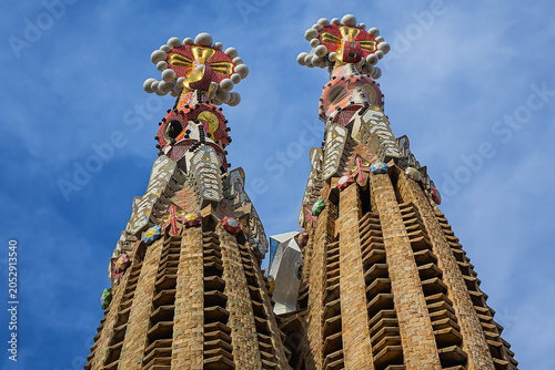 Architectural fragments of La Sagrada Familia - impressive cathedral designed by Gaudi, which is being built since 19 March 1882. BARCELONA, SPAIN.