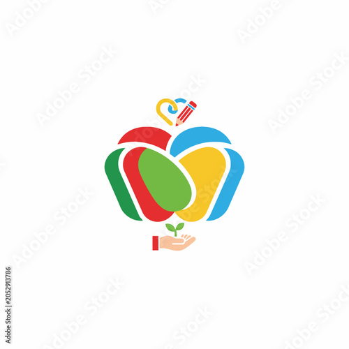 Colorful heart shape with sprout and pencil, symbolizing growth and creativity.