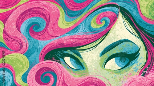 Artwork shows a bright, made-up face. Bright pink, blue, and green colors swirl around it, making the scene feel alive.
