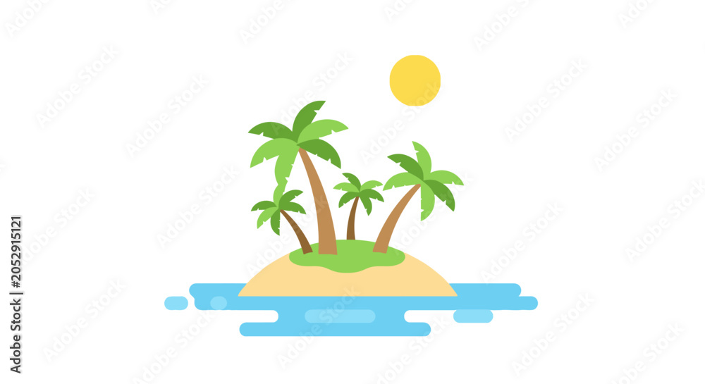 Fototapeta premium Tropical island with palm trees and sun, flat design vector illustration