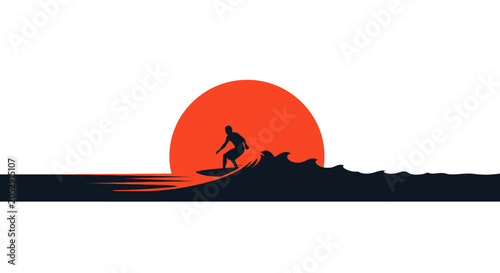 Foto Surfer Silhouette Riding Wave Against Orange Sunset, Minimalist Ocean Scene