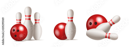 Bowling. Bowling pins and ball. Vector 3d clipart isolated on white background.