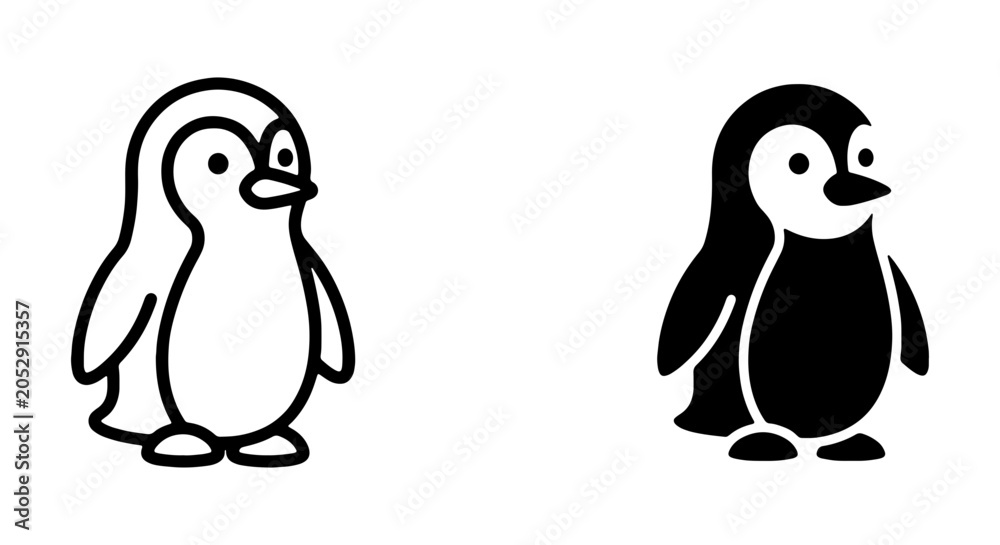 Fototapeta premium Cute Penguin Icons, Simple Vector Art, Black and White Animal Graphics, Minimalist Bird Illustrations