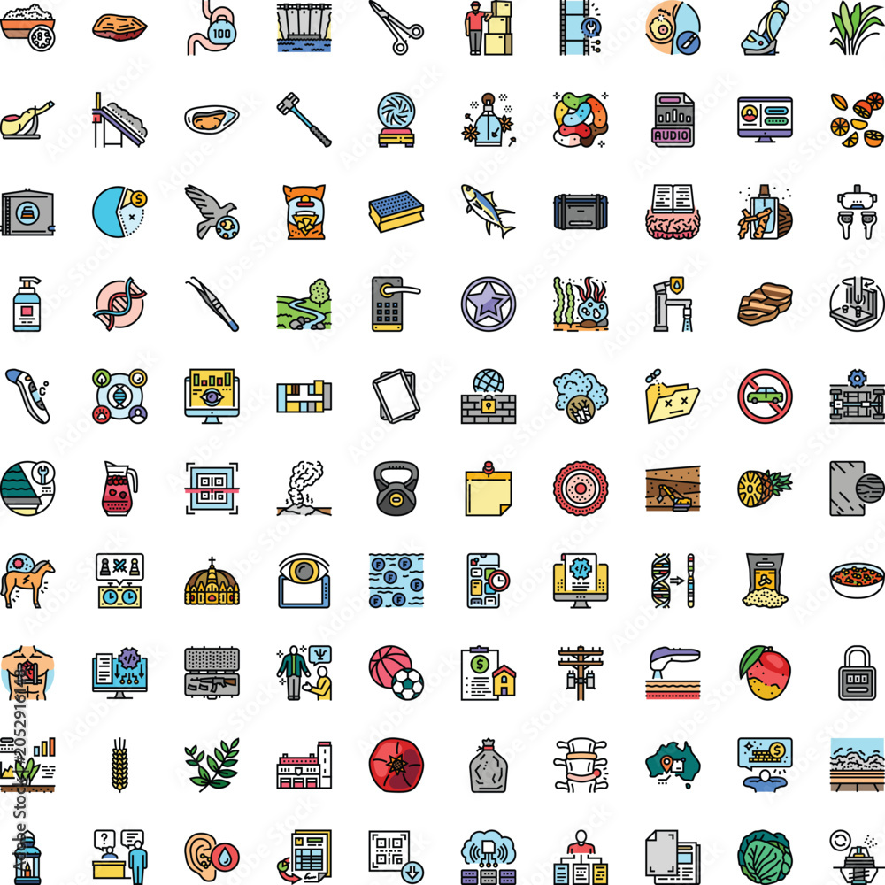 Fototapeta premium Large variety of outline vector icons depicting various concepts from daily life, technology, health, nature, and commerce, ideal for applications and user interfaces