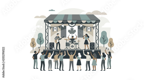 Schilderij op canvas Outdoor Concert Stage with Canadian Flag and Cheering Crowd