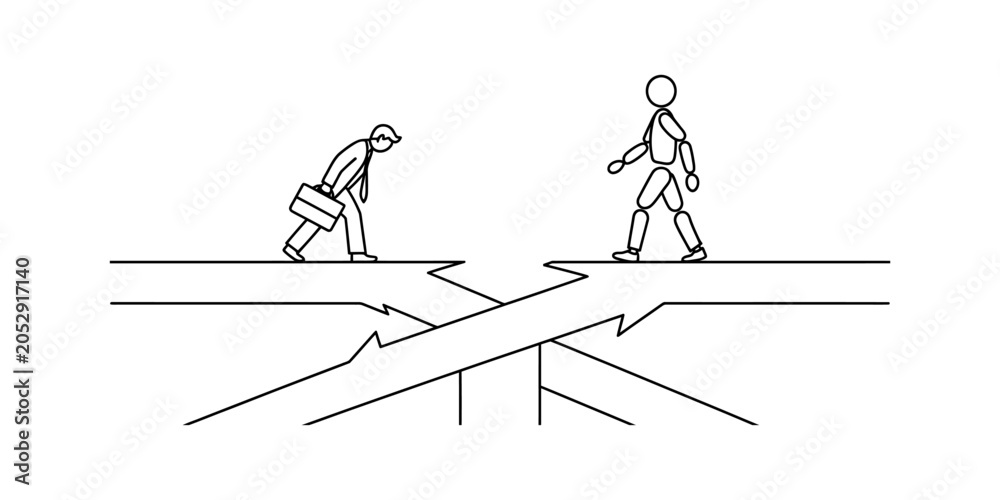 Fototapeta premium Sad businessman with briefcase walking on broken bridge towards a stick figure man