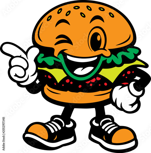Cartoon hamburger character with arms and legs vector illustration on a transparent background