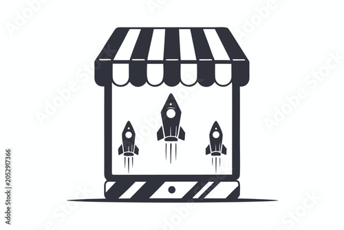 Storefront silhouette overlaid with futuristic technology graphics, symbolizing online commerce.