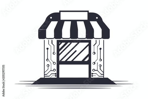 Vector illustration of a storefront silhouette with a digital tech overlay for online business.